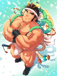 Rule 34 | 1boy, abs, alternate costume, bara, bare pectorals, beard, black hair, blonde hair, brown hair, bulge, chest hair, crossed arms, facial hair, foreshortening, from above, full body, green eyes, hachimaki, hairy, halo, halo behind head, headband, highres, katana, large pectorals, loincloth, long sideburns, looking at viewer, male focus, male underwear, mature male, multicolored hair, muscular, muscular male, nipples, pectorals, short hair, sideburns, smile, solo, stomach, streaked hair, stubble, sword, tepen (tptptpn), thick eyebrows, thick thighs, thighs, tokyo houkago summoners, underwear, weapon, white male underwear, yamasachihiko (housamo)