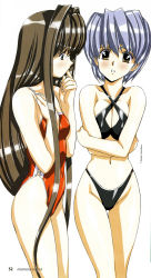 Rule 34 | 2girls, alpha, alpha (urushihara), bikini, black hair, blue hair, blush, breast envy, breasts squeezed together, breasts, brown eyes, brown hair, cleavage, crossed arms, finger to mouth, flat chest, highres, long hair, midriff, multiple girls, one-piece swimsuit, original, short hair, small breasts, swimsuit, thigh gap, thighs, urushihara satoshi, very long hair