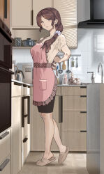Rule 34 | 1girl, adjusting apron, adjusting clothes, apron, blue eyes, bow, breasts, cabinet, counter, faucet, female focus, frilled apron, frills, from side, frying pan, full body, hair bow, hair ornament, highres, indoors, kitchen, ladle, long hair, looking at viewer, looking to the side, mature female, medium breasts, original, oven, parted bangs, reflection, scenery, shirt, short sleeves, slippers, solo, standing, tiptoes, white bow, white shirt, yewang19