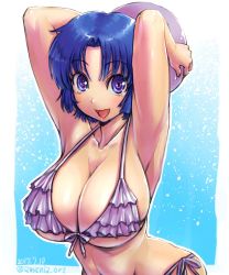 Rule 34 | 1girl, :d, amania orz, armpits, arms up, ball, beachball, bikini, blue hair, breasts, cleavage, collarbone, dated, frilled bikini, frills, front-tie bikini top, front-tie top, holding, holding ball, kusuha mizuha, large breasts, looking at viewer, open mouth, purple bikini, purple eyes, short hair, side-tie bikini bottom, skindentation, smile, solo, super robot wars, super robot wars original generation, swimsuit, twitter username, underboob, upper body
