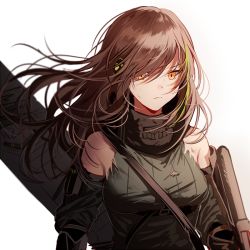 Rule 34 | 1girl, arm guards, armband, assault rifle, breasts, brown eyes, brown hair, closed mouth, damaged, detached sleeves, expressionless, floating hair, gas mask, girls&#039; frontline, gloves, green hair, gun, hair between eyes, headphones, large breasts, long hair, looking at viewer, m4 carbine, m4a1 (girls&#039; frontline), m4a1 (mod3) (girls&#039; frontline), mask, mod3 (girls&#039; frontline), multicolored hair, ribbed sweater, rifle, sidelocks, silence girl, simple background, skull print, strap, streaked hair, sweater, sweater vest, torn clothes, underbust, upper body, weapon, weapon case, white background, wind