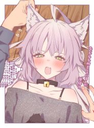 Rule 34 | 1girl, ahoge, animal ears, atalanta alter (fate), atalanta (fate), bell, black shirt, blush, brown eyes, casual, cat ears, collar, fate/grand order, fate (series), highres, long sleeves, looking at viewer, mitsurugi sugar, neck bell, open mouth, pov, shirt, strapless shirt, translated, white hair, wooden floor