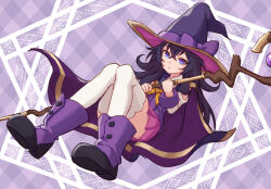 Rule 34 | 1girl, ankle boots, belano, black hair, blue eyes, boots, bow, bowtie, cape, dress, eyebrows hidden by hair, flat chest, full body, hair between eyes, hat, hat ribbon, holding, holding staff, large hat, long hair, lv2 kara cheat datta moto yuusha kouho no mattari isekai life, mage staff, open mouth, pink skirt, purple cape, purple dress, purple footwear, purple hat, purple ribbon, ribbon, skirt, soanote, solo, staff, thighhighs, white thighhighs, witch hat, yellow bow, yellow bowtie
