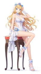 Rule 34 | 1girl, artemia (king&#039;s raid), bare legs, bare shoulders, blonde hair, blue eyes, blue flower, breasts, bridal veil, cleavage, clothing cutout, detached collar, flower, full body, grin, hand up, high heels, highres, king&#039;s raid, long hair, looking at viewer, medium breasts, official art, one-piece swimsuit, sandals, side cutout, sitting, smile, solo, stool, swimsuit, thighs, transparent background, veil, wedding, white footwear, white one-piece swimsuit