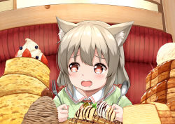 Rule 34 | 1girl, animal ear fluff, animal ears, blush, brown eyes, cat ears, collared shirt, commentary request, drooling, food, fork, green shirt, grey hair, hair ornament, hair scrunchie, heart, heart-shaped pupils, holding, holding fork, holding spoon, ice cream, indoors, long hair, open mouth, original, pancake, pancake stack, red scrunchie, saliva, scrunchie, shirt, sitting, solo, sora (silent square), spoon, sweets, symbol-shaped pupils, upper body, white shirt