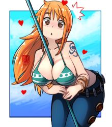 Rule 34 | 1girl, bikini, bikini top only, blush, bracelet, breasts, denim, el quijote, heart, highres, jeans, jewelry, large breasts, long hair, looking at viewer, nami (one piece), one piece, orange hair, pants, staff, surprised, swimsuit, tattoo