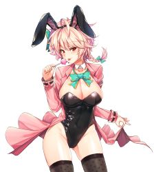 Rule 34 | 1girl, :p, animal ears, black leotard, black thighhighs, blush, bow, bowtie, braid, breasts, candy, cleavage, clothes lift, detached collar, fake animal ears, food, hair ornament, hair ribbon, highres, jacket, jacket lift, large breasts, leotard, lollipop, looking at viewer, moing, pink hair, pink jacket, playboy bunny, rabbit ears, red eyes, ribbon, short braid, short hair, simple background, single braid, smile, soccer spirits, solo, strapless, strapless leotard, thighhighs, tongue, tongue out, white background