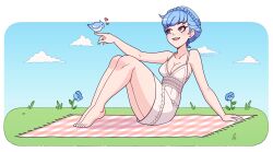 Rule 34 | 1girl, absurdres, animal, barefoot, bird, blanket, blue flower, blue hair, blue sky, border, breasts, brown eyes, cleavage, commentary, cremanata, dress, english commentary, fire emblem, fire emblem: three houses, flower, grass, heart, highres, legs, marianne von edmund, medium breasts, nintendo, on ground, open mouth, outdoors, sky, teeth, toes, upper teeth only, white border, white dress