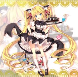 Rule 34 | 1girl, :d, absurdly long hair, andrea doria (warship girls r), animal ears, apron, bell, bendy straw, black footwear, black skirt, blonde hair, blue eyes, bow, cake, candy wrapper, cannon, cat ears, cat girl, cat tail, commentary request, cookie, cup, drink, drinking glass, drinking straw, fang, food, frilled apron, frills, full body, hair between eyes, hand on own hip, head tilt, highres, holding, holding tray, jianren, jingle bell, kneehighs, long hair, looking at viewer, maid, maid headdress, muffin, open mouth, puffy short sleeves, puffy sleeves, red bow, ribbed legwear, ringlets, shirt, shoes, short sleeves, sidelocks, skirt, smile, socks, solo, standing, tail, tail bell, tail bow, tail ornament, thick eyebrows, tiered tray, tray, turret, twintails, v-shaped eyebrows, very long hair, waist apron, warship girls r, white apron, white shirt, white socks, wrist cuffs, zoom layer