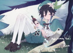 Rule 34 | 1boy, androgynous, argyle, argyle clothes, argyle legwear, beret, black hair, blue hair, blush, bottle, bow, braid, brooch, cape, character name, closed eyes, collared cape, commentary, commentary request, corset, dvalin (genshin impact), english text, feathers, flower, frilled sleeves, frills, full body, gem, genshin impact, gradient hair, grass, green headwear, green shorts, hair flower, hair ornament, happy birthday, hat, holding, holding bottle, jewelry, leaf, light particles, long sleeves, male focus, multicolored hair, open mouth, pantyhose, shirt, shoes, short hair with long locks, shorts, sitting, sleeping, suke 81, symbol-only commentary, twin braids, twitter username, venti (genshin impact), vision (genshin impact), white flower, white pantyhose, white shirt, wine bottle