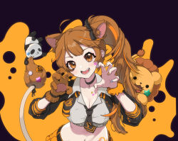 Rule 34 | 1girl, absurdres, ahoge, animal ears, blush, bow, breasts, brown eyes, brown hair, cat ears, choker, cleavage, fang, hair bow, high side ponytail, highres, large breasts, linea alba, lion tail, long hair, looking at viewer, midriff, multicolored hair, navel, open mouth, paw pose, re:act, shishigami leona, solo, star on cheek, streaked hair, tail, trombe, virtual youtuber