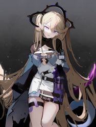 Rule 34 | 1girl, arknights, belt, black shirt, blonde hair, blouse, breasts, cleavage, cloak, closed mouth, commentary, dress, feet out of frame, female focus, flower, grey background, grey dress, hair between eyes, hair ornament, head tilt, highres, indigo (arknights), iris yi, long hair, long sleeves, looking at viewer, pointy ears, purple eyes, shade, shirt, small breasts, solo, thigh strap, very long hair, vial, white flower