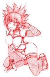 Rule 34 | 1girl, arm up, armpits, ass, bandages, bdsm, bondage, bound, breasts, chiba toshirou, collarbone, condom, condom wrapper, female focus, fingerless gloves, fishnet legwear, fishnets, forehead protector, gloves, holding, kneeling, konohagakure symbol, long hair, looking at viewer, mitarashi anko, monochrome, naruto, naruto (series), nipples, nude, ponytail, rope, shoes, simple background, sketch, smile, solo, toes, white background, wide ponytail