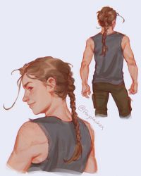 Rule 34 | 1girl, abby (the last of us), bare arms, braid, brown eyes, brown hair, cowboy shot, facing away, foxystaches, freckles, grey pants, grey shirt, highres, long hair, looking back, multiple views, muscular, muscular female, pants, shirt, smile, solo, the last of us (series), the last of us 2, torn clothes, torn sleeves, twitter username, upper body, white background