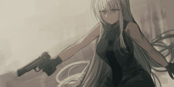 Rule 34 | 1girl, absurdres, bare shoulders, black gloves, black necktie, black shirt, black shorts, breasts, chihuri, closed mouth, collared shirt, commentary request, gloves, grey eyes, grey hair, gun, hair between eyes, handgun, highres, holding, holding gun, holding weapon, long hair, medium breasts, necktie, original, outstretched arm, pistol, shirt, short shorts, shorts, sleeveless, sleeveless shirt, solo, v-shaped eyebrows, very long hair, weapon, zoya petrovna vecheslova