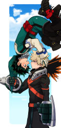 Rule 34 | 2boys, artist name, bakugou katsuki, belt, black bodysuit, blonde hair, blue sky, bodysuit, boku no hero academia, clothes grab, cloud, explosive, eye contact, face-to-face, floating, freckles, from side, gloves, green bodysuit, green eyes, green gloves, green hair, grenade, hands on another&#039;s head, headgear, high collar, highres, holding, hood, hood grab, hooded bodysuit, looking at another, male focus, meteorabbit (shion69), midair, midoriya izuku, multiple boys, muscular, muscular male, neck brace, official alternate costume, open mouth, orange gloves, outside border, profile, red eyes, short hair, sky, smile, spiked hair, teeth, two-tone gloves, upper teeth only, upside-down, utility belt