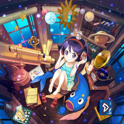 Rule 34 | 1girl, armillary sphere, barefoot, book, bracelet, candy, child, child&#039;s drawing, crayon, drawing, dress, feet on chair, fish, food, from above, hands on headphones, headphones, highres, hugging own legs, jewelry, original, perspective, phonograph, purple eyes, purple hair, room, sandals, shiitake urimo, shoes, unworn shoes, short hair, sitting, smile, solo, telescope, window