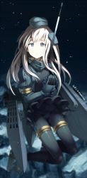 Rule 34 | 1girl, blonde hair, blue eyes, bodysuit, cropped jacket, dated, full body, garrison cap, hat, highres, kantai collection, long hair, long sleeves, machinery, military, military uniform, night, night sky, outdoors, puffy long sleeves, puffy sleeves, rock, sakura (medilore), sitting, sky, solo, star (sky), starry sky, twitter username, u-511 (kancolle), uniform