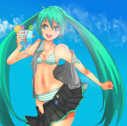 Rule 34 | asanome, bikini, dress shirt, drink, green eyes, green hair, hatsune miku, long hair, project diva, project diva (series), shirt, skirt, solo, striped bikini, striped clothes, swimsuit, twintails, undressing, vocaloid