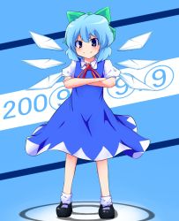 Rule 34 | circled 9, 00s, 1girl, 2009, aho, blue eyes, blue hair, blush, bow, cirno, crossed arms, detached wings, hair bow, highres, ice, ice wings, matching hair/eyes, puffy sleeves, short hair, short sleeves, smile, solo, touhou, wings