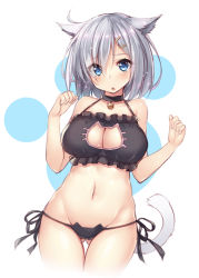 Rule 34 | 10s, 1girl, animal ears, bare shoulders, bell, black bra, black panties, blue eyes, blush, bra, breasts, cat ear panties, cat ears, cat lingerie, cat tail, choker, cleavage cutout, clothing cutout, cowboy shot, gluteal fold, groin, hair ornament, hairclip, halterneck, halterneck, hamakaze (kancolle), jingle bell, kantai collection, kemonomimi mode, large breasts, looking at viewer, meme attire, navel, neck bell, panties, side-tie panties, silver hair, solo, standing, tail, thigh gap, underwear, xe (execut3r)