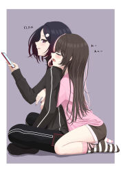 2girls absurdres black_hair black_jacket black_nails black_pants blunt_bangs blush border brown_shorts brown_socks cat_hair_ornament cellphone cheshirena3 closed_eyes from_side gradient_hair hair_ornament highres holding holding_phone hug hug_from_behind indian_style jacket jewelry kisaragi_ren_(vtuber) long_hair long_sleeves looking_at_another looking_back mismatched_socks multicolored_hair multiple_girls necklace open_mouth outside_border pants phone pink_hair pink_nails pink_shirt pink_socks profile red_eyes red_hair shirt short_hair short_shorts short_sleeves shorts sitting smartphone smile socks split-color_hair streaked_hair striped_clothes striped_socks t-shirt tachibana_hinano_(5th_costume) tachibana_hinano_(vtuber) track_jacket two-tone_hair two-tone_nails virtual_youtuber vspo! wariza white_border yuri