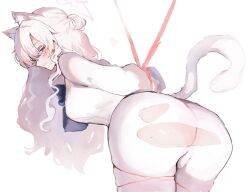 Rule 34 | 1girl, akira (blue archive), animal ear fluff, animal ears, ass, blue archive, blush, bound, breasts, butt crack, cat ears, cat tail, closed mouth, cowboy shot, highres, inusaka, large breasts, long hair, looking at viewer, looking back, pants, red eyes, restrained, shirt, solo, tail, torn clothes, torn pants, white hair, white pants, white shirt