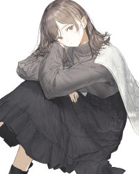 Rule 34 | 1girl, absurdres, aspara, black dress, brown eyes, brown hair, cape, closed mouth, dress, expressionless, grey sweater, head rest, head tilt, highres, long hair, long sleeves, looking at viewer, original, sitting, solo, sweater, turtleneck, turtleneck sweater, white background, white cape