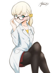 Rule 34 | 1girl, adjusting eyewear, alternate costume, ayuman, bespectacled, black pantyhose, blonde hair, blue eyes, commentary request, crossed legs, doctor, glasses, hair ornament, hair ribbon, highres, invisible chair, kantai collection, lab coat, long hair, looking at viewer, pantyhose, pencil skirt, red skirt, ribbon, shin&#039;you (kancolle), shirt, simple background, sitting, skirt, solo, white background, yellow shirt