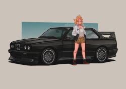 Rule 34 | 1girl, absurdres, arhentol, black footwear, blonde hair, bmw, bmw 3 series, bmw e30, bmw m3, breasts, brown eyes, brown shorts, car, cleavage, collarbone, commentary, commission, english commentary, highres, medium breasts, medium hair, motor vehicle, original, ponytail, shirt, shoes, short shorts, shorts, smile, sneakers, solo, spoiler (automobile), striped clothes, striped shirt, twitter username, v-shaped eyebrows, vehicle focus, white shirt