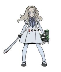 Rule 34 | 1girl, arms at sides, blonde hair, blood, blood on face, bloody weapon, dated, dress, expressionless, forehead, full body, grey eyes, highres, holding, holding weapon, long hair, long sleeves, m3gan, m3gan (character), mary janes, nail gun, naotake (sugaki file), neck ribbon, pantyhose, ribbon, shoes, signature, solo, striped ribbon, striped sleeves, weapon