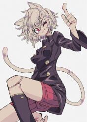 Rule 34 | 1girl, animal ears, breasts, cat ears, cat girl, cat tail, claws, highres, hunter x hunter, looking at viewer, medium breasts, michael jadeite, neferpitou, red eyes, short hair, shorts, simple background, slit pupils, solo, striped clothes, striped shorts, tail, vertical-striped clothes, vertical-striped shorts