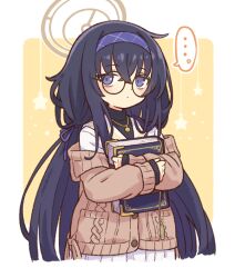 Rule 34 | ..., 1girl, bags under eyes, black hair, black sweater, blue archive, blue eyes, blue hairband, blue ribbon, book, cardigan, closed mouth, commentary, glasses, hair ribbon, hairband, halo, holding, holding book, long hair, looking at viewer, low twintails, off shoulder, onyhakase, pleated skirt, ribbon, round eyewear, sailor collar, school uniform, serafuku, shirt, skirt, solo, speech bubble, spoken ellipsis, sweater, turtleneck, turtleneck sweater, twintails, ui (blue archive), upper body, very long hair, white sailor collar, white serafuku, white shirt, white skirt
