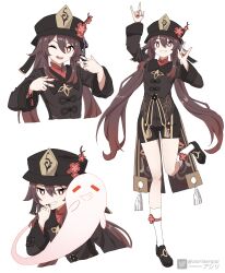 Rule 34 | 1girl, ;d, absurdres, arms up, artist name, asiri senpai, black bow, black footwear, black hat, black nails, black shorts, blush, boo tao (genshin impact), bow, branch, brown coat, brown hair, chinese clothes, closed eyes, coat, collared coat, commentary, double m/, english commentary, fingernails, flower, flower-shaped pupils, flying, full body, genshin impact, ghost, gradient hair, hair between eyes, hand on own face, hands up, hat, hat flower, hat ornament, hat ribbon, highres, hu tao (genshin impact), jewelry, leg up, long hair, long sleeves, looking at viewer, m/, mandarin collar, multicolored hair, nail polish, one eye closed, open mouth, purple ribbon, red eyes, red flower, red shirt, ribbon, ring, shirt, shoes, short shorts, shorts, sidelocks, simple background, smile, smug, socks, solo, standing, standing on one leg, symbol-shaped pupils, tassel, tassel hat ornament, teeth, tongue, twintails, upper body, v-shaped eyebrows, watermark, white background, white flower, white socks, wide sleeves, wing collar