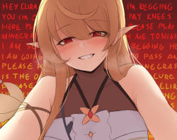 Rule 34 | 1girl, armpit crease, aura (aurapls), bare shoulders, blonde hair, blush, breath, commentary request, empty eyes, english text, eyes visible through hair, fairy, highres, long hair, looking at viewer, nijisanji, nijisanji en, pointy ears, pomu rainpuff, red background, red eyes, see-through, smile, solo, text background, virtual youtuber, wall of text