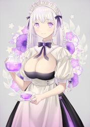 Rule 34 | 1girl, apron, black bow, black bowtie, blush, bow, bowtie, braid, breasts, cleavage, closed mouth, cup, dress, flower, fujie-yz, grey background, highres, holding, holding cup, large breasts, leaf, long hair, looking at viewer, maid, original, pink flower, puffy short sleeves, puffy sleeves, purple eyes, purple flower, short sleeves, side braids, simple background, solo, teapot, white apron, white flower, white hair