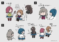 Rule 34 | 5girls, ahoge, aizawa kazuha, apron, arms at sides, arms behind head, arms up, assault lily, black pantyhose, black shirt, blue hair, blue skirt, bow, bowtie, brown footwear, brown hair, chibi, closed eyes, comic, cooking, cooking pot, couch, cropped torso, crossed legs, duster, facing away, flying sweatdrops, frilled skirt, frills, green apron, grey background, grey hair, hair bow, hand up, hatsukano you, herensuge girls academy school uniform, high ponytail, highres, holding, holding duster, iijima renka, jacket, kabayaki (kabayaki eel), leg up, long sleeves, looking at another, looking away, looking to the side, low ponytail, miniskirt, multicolored hair, multiple girls, notice lines, on couch, pantyhose, ponytail, profile, red bow, red bowtie, red hair, red thighhighs, running, sasaki ran, school uniform, serizawa chikaru, shirt, shoes, side ponytail, sitting, skirt, solid oval eyes, speed lines, standing, steam, streaked hair, swept bangs, thighhighs, translated, twitter username, v-shaped eyebrows, white bow, white jacket, zettai ryouiki