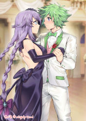Rule 34 | 1boy, 1girl, black bow, black dress, black gloves, blue eyes, blush, bow, braid, breasts, character request, choujigen game neptune, commission, dancing, dress, elbow gloves, flower, formal, ge-b, gloves, green hair, hair bow, highres, large breasts, long hair, medium breasts, neptune (series), purple bow, purple eyes, purple hair, purple heart (neptunia), purple heart (goddesses&#039; promise), red flower, red rose, rose, short hair, sideboob, signature, smile, suit, tuxedo, twin braids, very long hair, white suit