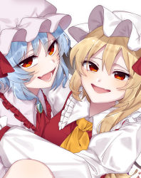 Rule 34 | 2girls, blonde hair, blue hair, bow, crystal, dress, eringi (rmrafrn), fang, flandre scarlet, frilled shirt collar, frills, hat, highres, long sleeves, looking at viewer, mob cap, multiple girls, open mouth, puffy sleeves, red eyes, red vest, remilia scarlet, short hair, siblings, side ponytail, simple background, sisters, smile, touhou, vampire, vest, white background