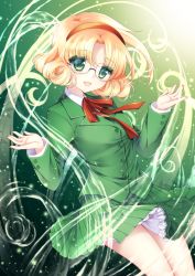 Rule 34 | 1990s (style), 1girl, :d, bad id, bad pixiv id, blazer, blonde hair, collared shirt, cowboy shot, curly hair, eyebrows, glasses, green background, green eyes, green skirt, green theme, hairband, highres, hououji fuu, jacket, lace, lace-trimmed skirt, lace trim, legs together, long sleeves, looking at viewer, magic knight rayearth, mikazuki sara, neck ribbon, open mouth, parted bangs, pleated skirt, red hairband, red ribbon, retro artstyle, ribbon, school uniform, shirt, short hair, skirt, skirt set, smile, solo, white shirt, wind