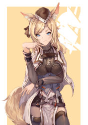 Rule 34 | 1girl, absurdres, animal ear fluff, animal ears, arknights, black headwear, black ribbon, blonde hair, blue eyes, cape, chinese commentary, commentary request, cowboy shot, grey thighhighs, hair ribbon, hand up, highres, horse girl, innovation, kingdom of kazimierz logo, long hair, long sleeves, looking at viewer, ribbon, smile, solo, standing, swept bangs, tail, thighhighs, whislash (arknights), white cape, yellow background