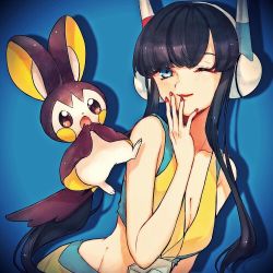 Rule 34 | 1girl, black hair, blue background, blue eyes, blunt bangs, blush, breasts, buckle, cleavage, closed mouth, commentary request, creatures (company), elesa (pokemon), emolga, game freak, gen 5 pokemon, hand up, headphones, highres, lipstick, long hair, looking at viewer, makeup, mozu (teluto), nail polish, nintendo, one eye closed, pokemon, pokemon (creature), pokemon bw2, red lips, red nails, smile