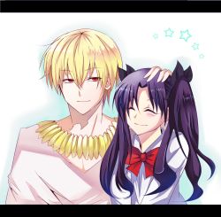 Rule 34 | 1boy, 1girl, ^ ^, black hair, blonde hair, child, closed eyes, closed eyes, fate/zero, fate (series), gilgamesh (fate), hair ribbon, headpat, jewelry, letterboxed, long hair, necklace, official alternate costume, pupu-tx38, red eyes, ribbon, tohsaka rin, twintails, aged down