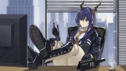 Rule 34 | 1girl, arknights, black gloves, blue hair, ch&#039;en (arknights), chair, coffee mug, crossed legs, cup, desk, dragon horns, feet on table, gloves, highres, horns, low twintails, monitor, mug, necktie, office chair, pen, sentou kouhei kitsune, solo, swivel chair, thick thighs, thighs, twintails, window