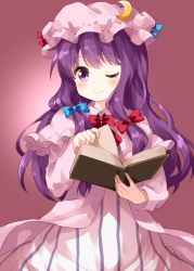 Rule 34 | 1girl, blue bow, blue ribbon, blush, book, bow, closed mouth, commentary request, crescent, crescent pin, gradient background, hair bow, hair ribbon, hat, highres, holding, holding book, long hair, looking at viewer, one eye closed, open book, patchouli knowledge, purple eyes, purple hair, raised eyebrows, red bow, red ribbon, ribbon, ruu (tksymkw), simple background, smile, solo, touhou, turning page, upper body, very long hair
