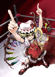 Rule 34 | &gt;:), 1girl, :d, arena, blonde hair, boxing ring, embellished costume, fangs, female focus, flandre scarlet, foreshortening, frills, from above, grin, hat, kamina pose, looking at viewer, open mouth, pointing, pointing up, red eyes, short hair, smile, solo, standing, touhou, uirou (uirou1), v-shaped eyebrows, wings