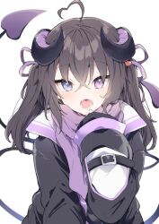 Rule 34 | 1girl, ahoge, black coat, blue eyes, borrowed character, brown hair, coat, commission, copyright request, crossed bangs, demon tail, fangs, heart, heart ahoge, heart in eye, heterochromia, horns, ikeuchi tanuma, long sleeves, looking at viewer, open mouth, purple eyes, simple background, skeb commission, solo, symbol in eye, tail, twintails, white background