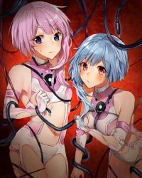 Rule 34 | 2girls, arm support, arm under breasts, bad id, bad twitter id, bare shoulders, blue eyes, blue hair, blush, cable, clothing cutout, commentary request, cowboy shot, elbow gloves, gloves, inusaka, leaning forward, leotard, looking at viewer, multiple girls, navel, navel cutout, neptune (series), pink hair, power symbol, power symbol-shaped pupils, ram (neptunia), red eyes, restrained, rom (neptunia), siblings, sidelocks, sisters, symbol-shaped pupils, torn clothes, torn leotard, twins, white sister ram, white sister rom