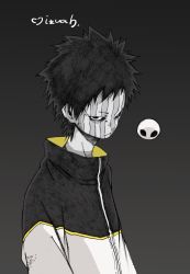 Rule 34 | 1boy, alien, bad id, bad pixiv id, black background, black hair, bodypaint, frown, gradient background, highres, jersey, looking at viewer, makkamu, male focus, monochrome, original, short hair, signature, solo, spot color, striped, upper body
