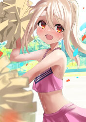 Rule 34 | 1girl, bare shoulders, blonde hair, blush, breasts, cheerleader, crop top, fate/kaleid liner prisma illya, fate (series), highres, holding, holding pom poms, illyasviel von einzbern, long hair, looking at viewer, midriff, navel, open mouth, pan korokorosuke, pink shirt, pink skirt, pom pom (cheerleading), pom poms, ponytail, red eyes, shirt, skirt, small breasts, smile, solo